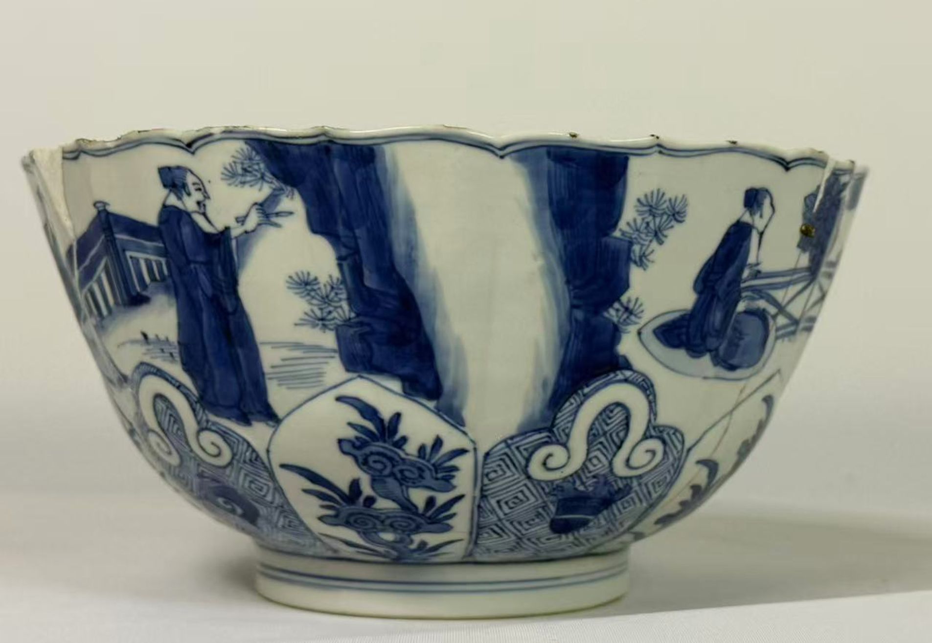 021 Kangxi Period Blue and White ‘Seven Sages of the Bamboo Grove’ Bowl with Molded Lotus Petal Decoration, Qing Dynasty